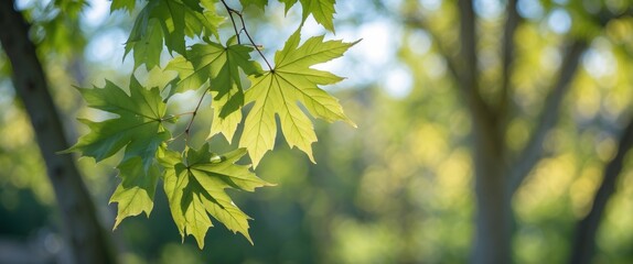 Poster - Lush green maple leaves gently illuminated by daylight creating a serene outdoor atmosphere with a soft bokeh background.
