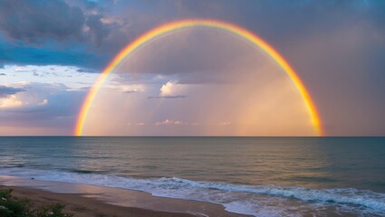 Wall Mural - vibrant sunrise over ocean with stunning rainbow illuminating the calm waters and cloudy sky