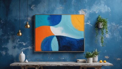 Poster - Vibrant abstract painting displayed on a blue textured wall with decorative elements creating a modern artistic home environment.