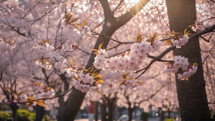 Canvas Print - Cherry Blossom Branches in Sunlight with Soft Bokeh Background and Copy Space for Text in a Serene Natural Setting