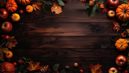 Poster - Autumnal Harvest Frame with Pumpkins Apples and Leaves on Dark Wooden Background