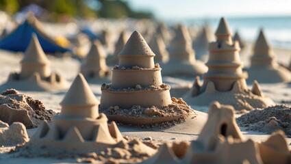 Poster - beach scene featuring intricate sandcastles under soft natural light with gentle ocean waves in back
