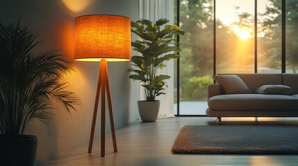 Aufkleber - A cozy living room with a stylish lamp, plants, and a view of a sunset through large windows.