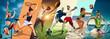 © master1305 - Beach and court sports. Tennis, football, American football, volleyball, and swimming athletes captured mid-action. Speed and endurance. Concept of professional sport. Horizontal banner, ads.