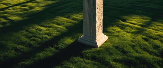 Poster - pillar casting shadows on lush green grass in soft sunlight evoking tranquility and natural beauty.