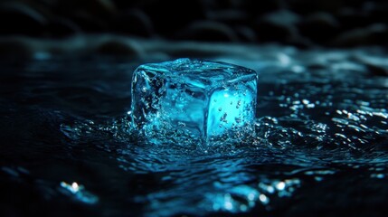 Poster - Blue Ice Cube in Dark Water