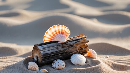 Poster - serene beach scene featuring driftwood and colorful seashells against a soft sandy background with s