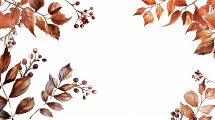 Poster - Brown and Orange Watercolor Autumn Leaves Border on White Background