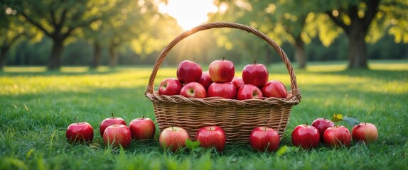 Canvas Print - Fresh Red Apples in Woven Basket Surrounded by Lush Grass and Sunlit Orchard Trees in Background During Autumn Harvest Season