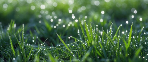 Poster - Dew Covered Grass in Spring Morning Light Creating a Serene and Fresh Natural Background.