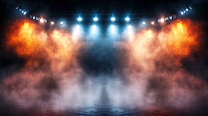 Poster - Bright stadium arena with dynamic lights illuminating smoky backdrop for dramatic performance or event staging in vibrant atmosphere