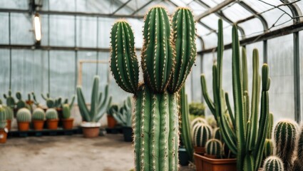 Poster - Tall cactus plant in a greenhouse surrounded by various cacti with ample space for text and natural light enhancing the green hues.