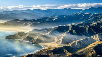 Poster - Golden sunlight filters through the clouds, casting dramatic shadows over a rugged coastal mountain range as it meets the vast expanse of the ocean, creating a breathtaking vista of nature's beauty
