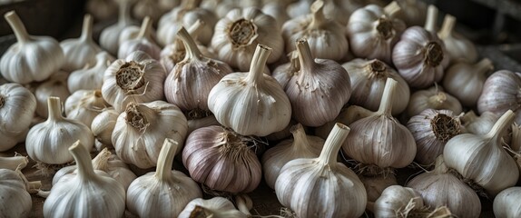 Wall Mural - Assorted fresh aged garlic bulbs arranged in a rustic setting showcasing their unique textures and colors ideal for culinary use and health benefits.