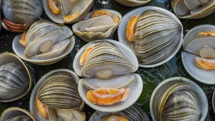 Wall Mural - Frozen sweet clams displayed in a Thai seafood market showcasing their unique colors and textures in an appealing top view composition.