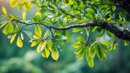 Poster - lush green leaves on a tree branch create a serene backdrop for relaxation and tranquility in nature