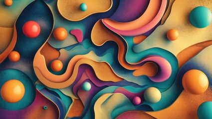 Poster - Colorful abstract smooth shapes with 3D spherical elements in a dynamic vintage palette for creative design backgrounds.