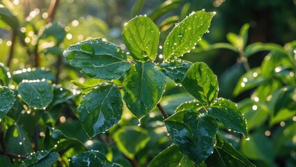 Poster - Closeup of glistening wet green leaves soaking up sunlight in a vibrant garden showcasing nature's beauty and freshness.
