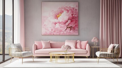 Wall Mural - Pink living room interior with sofa, chairs, and large floral artwork.