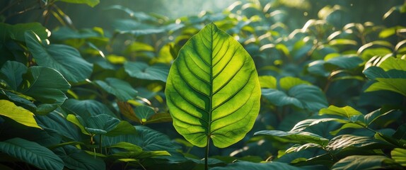 Poster - Vibrant green leaf standing out among lush foliage with soft sunlight creating a serene natural atmosphere in a forest setting.