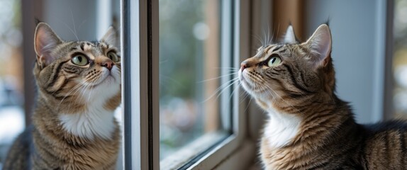 Poster - Curious cat gazing out the window showcasing its reflection in natural light from indoors on a bright day.