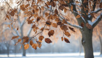 Poster - Winter tree with dry leaves gracefully hanging, depicting a serene landscape under soft, muted light in a tranquil snowy environment.