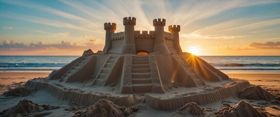 Poster - majestic sand castle on beach at sunset with rays of light illuminating intricate details and waves 