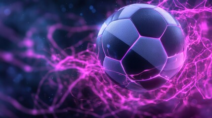 Wall Mural - A dynamic and futuristic soccer ball in mid air impact surrounded by a neon glowing abstract and fractal like energy field  This image conveys a sense of speed power and the future of the sport