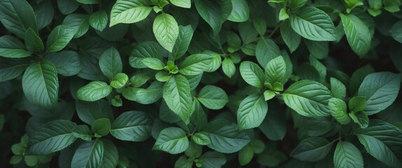 Poster - Lush close-up of vibrant green leaves showcasing the intricate textures and shades of nature's foliage in a serene outdoor setting.