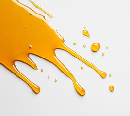 Poster - Thick and golden honey flows and splashes across a smooth white surface, creating a delightful mess. The liquid glistens in the light, showcasing its rich texture and sweetness.