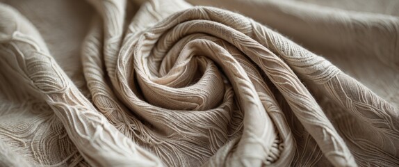 Poster - Elegant beige fabric in a close-up view showcasing intricate texture and soft draping, perfect for fashion and interior design concepts.