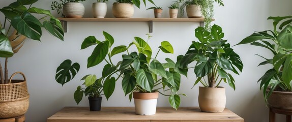 Poster - indoor plant arrangement featuring vibrant philodendron 'lemon lime' leaves and various greenery on 