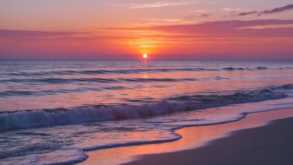 Poster - serene sunset over calm sea with orange pink and purple skies gentle waves wash ashore creating a pe