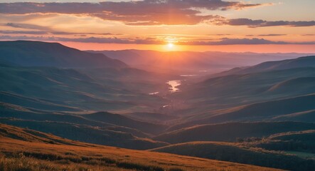 Wall Mural - sunset over serene valley with softly shining sunlight through clouds and expansive copy space for t