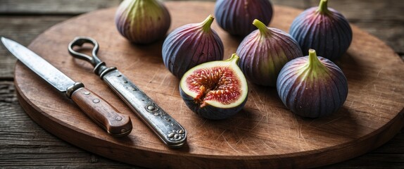 Poster - Rustic wooden cutting board with fresh green figs, one sliced open, and a vintage knife, capturing a natural and inviting kitchen scene.