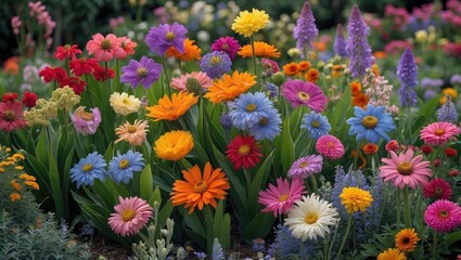 Canvas Print - Vibrant and Colorful Flower Garden in Full Bloom with a Variety of Blossoms and Lush Green Foliage Under Bright Natural Light