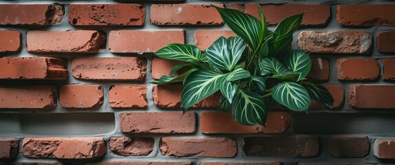Poster - Brick Wall with Green Plant Growing in Between for Natural Interior Decor and Urban Gardening Aesthetic