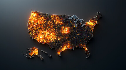 Poster - Illuminated united states map displaying urban areas digital art installation modern environment aerial perspective geographical insights