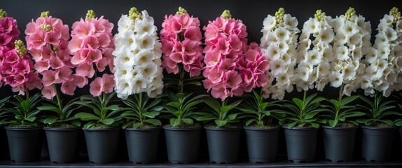 Wall Mural - Potted pink and white flowers in black pots arranged neatly on a black surface showcasing vibrant blooms and lush green leaves