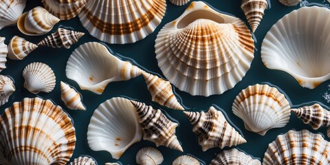 Poster - Seashells Collection on Water Surface with Natural Patterns and Text Space for Creative Projects
