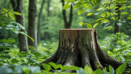 Poster - Lush green forest scene featuring a detailed tree stump surrounded by vibrant leaves and branches conveying a peaceful and serene atmosphere.