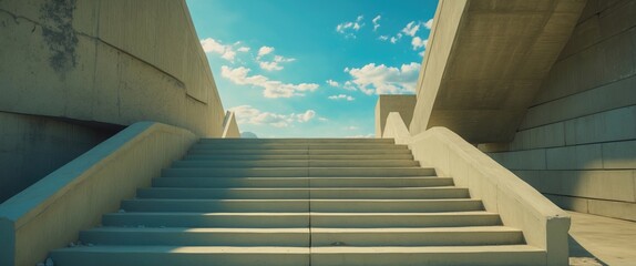 Poster - Modern concrete staircase leading to a bright blue sky, showcasing architectural design and depth with contrasting large and small steps.