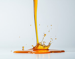 Poster - Golden honey cascades in smooth streams, creating splashes as it touches the surface. The rich liquid forms beautiful patterns against a clean white backdrop, showcasing its natural allure.
