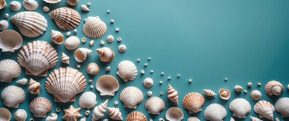 Poster - Seashells arranged artistically on a turquoise background creating a serene coastal ambiance with ample space for text placement.