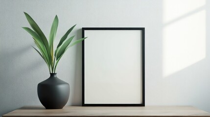 Poster - modern minimalist mockup of empty square frame on wooden table with potted plant and light streaming