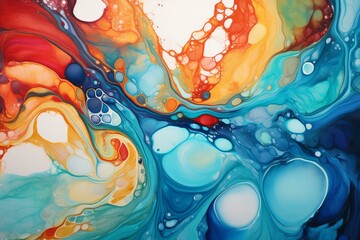 Poster - fluid acrylic painting creating unique shapes and textures with vibrant colors blending together