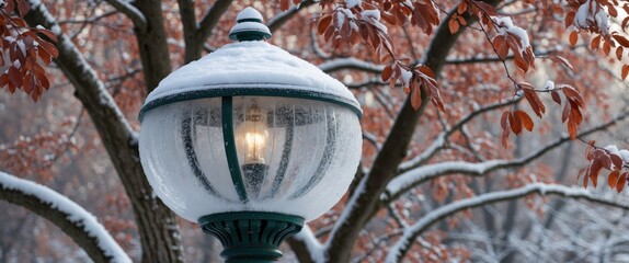 Poster - lamp post illuminated with a warm glow, surrounded by snow and frost, with reddish brown leaves in t
