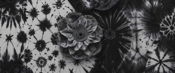 Poster - Black and white tie dye textile background showcasing handmade clothing and intricate DIY patterns for creative textile projects.