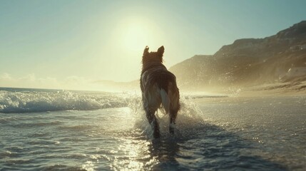Poster - A dog walks along the shoreline, splashing through the waves at sunset.