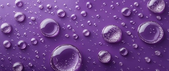 Canvas Print - Shiny droplets and bubbles on a saturated purple background creating a vibrant and artistic composition reflecting light and texture.